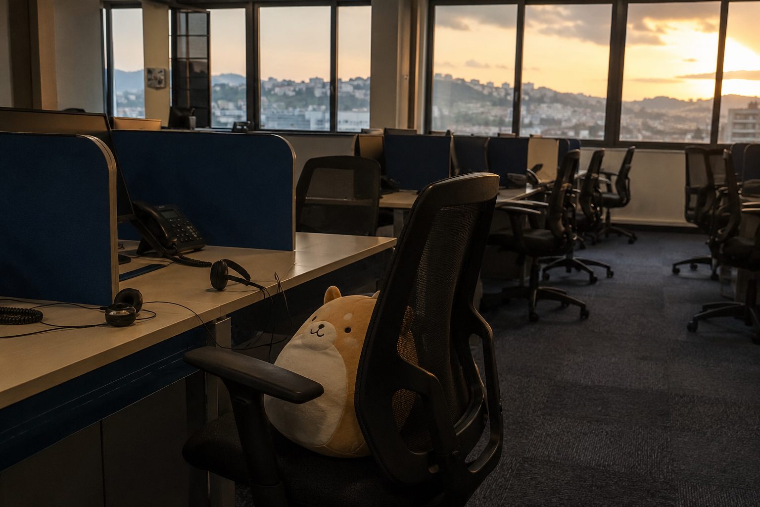 Un open space vide au coucher du soleil, avec une peluche posée sur une chaise de bureau