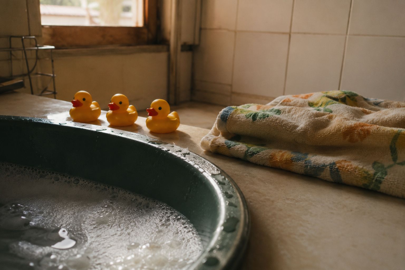 Le bord de la baignoire a l heure du bain, canards en plastique alignes