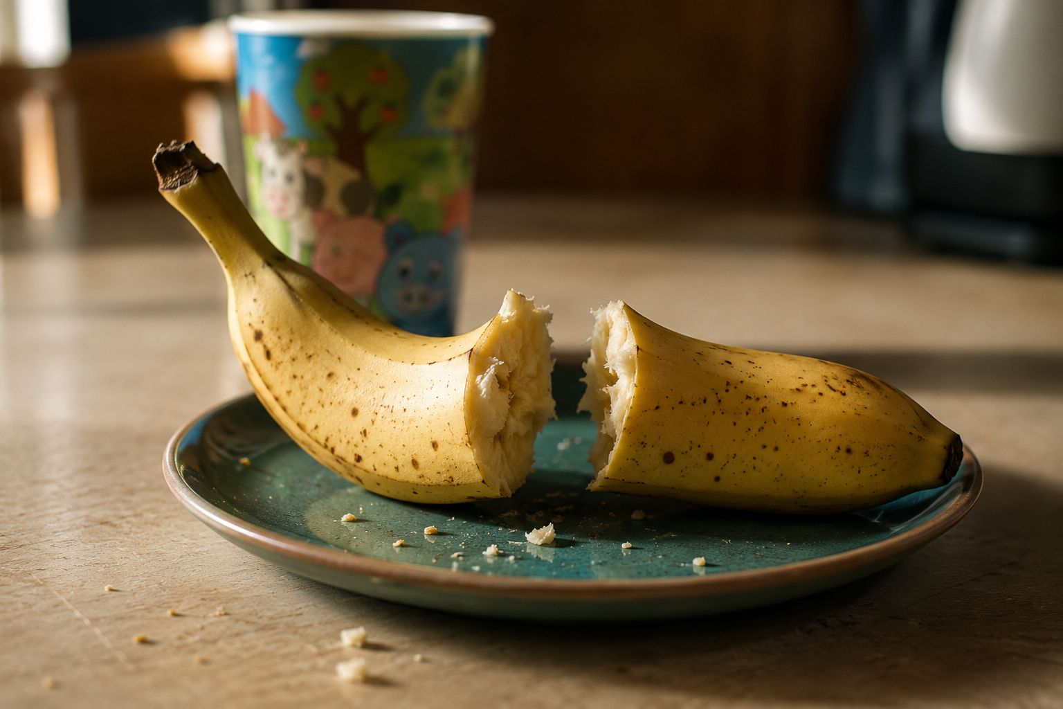 Une banane cassee en deux posee sur une assiette, en portrait officiel