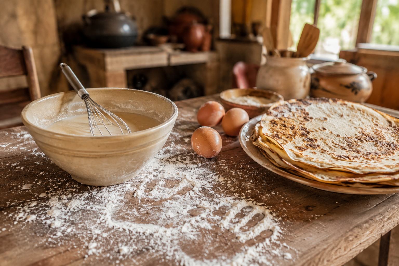 Une table de cuisine en bois couverte de farine avec des empreintes de petites mains, un saladier de pâte et une pile de crêpes dorées