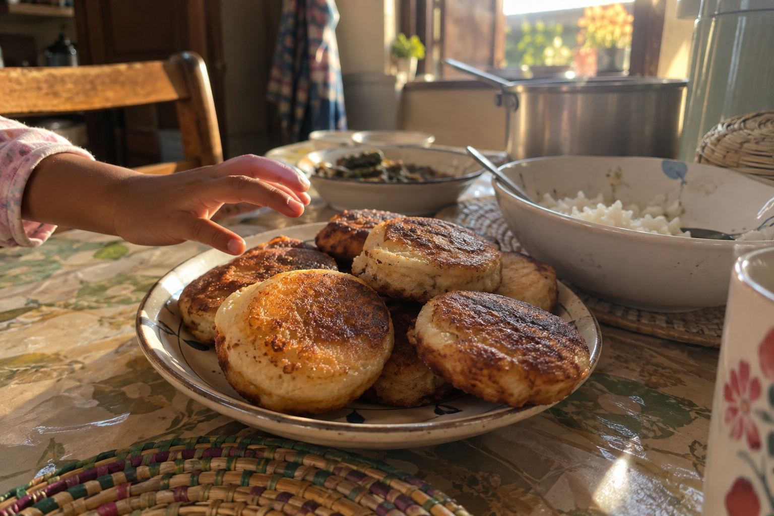 Sur une table de cuisine, un bol de riz à peine entamé repoussé sur le côté et une assiette de beignets traditionnels dorés au premier plan, vers laquelle se tend une petite main d'enfant