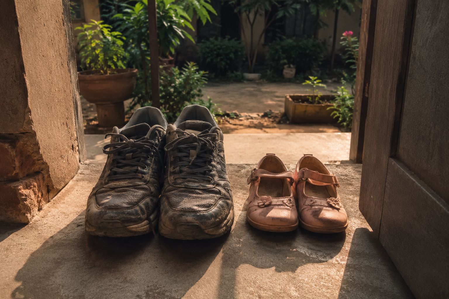 Deux paires de chaussures cote a cote, les grandes et les minuscules