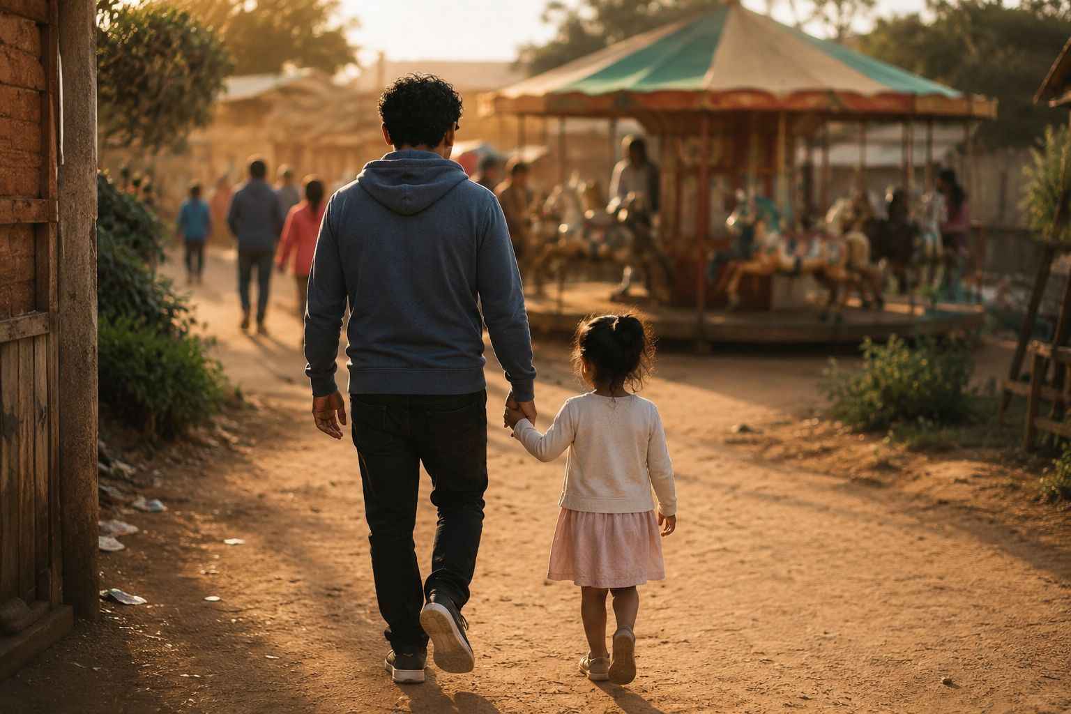 Un papa et sa fille de dos, main dans la main, dans un parc de quartier