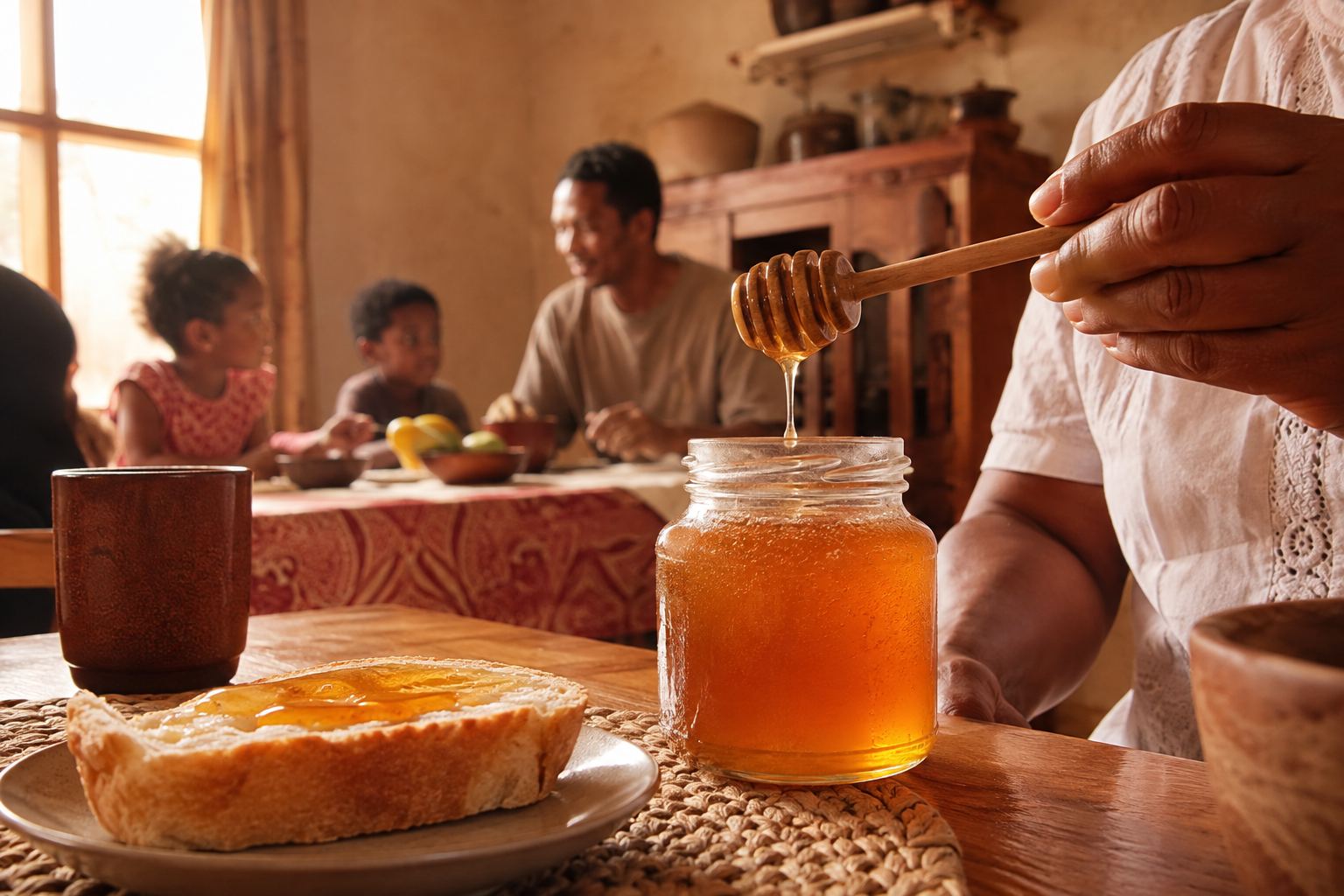Une tranche de pain moelleux tartinée de miel doré, à côté d'un pot de miel artisanal en verre et d'une cuillère en bois, sur une table de cuisine en lumière douce