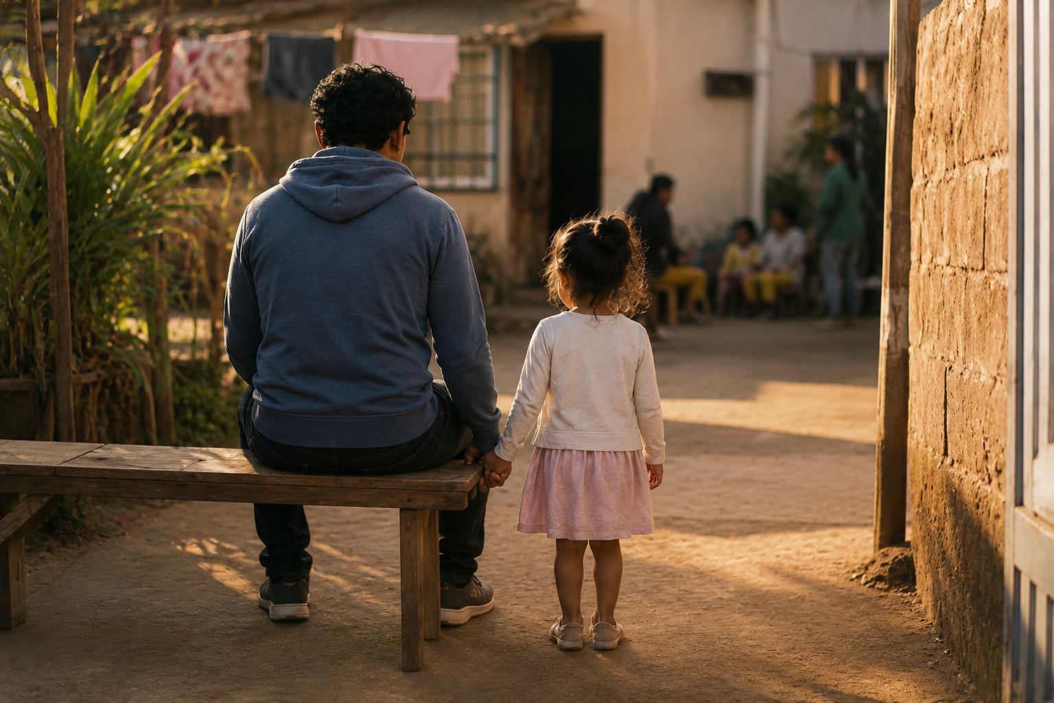Vu de dos, un homme assis sur un banc dans une cour de quartier tient la main d'une petite fille, des silhouettes de voisins discutent en arrière-plan dans la lumière de fin d'après-midi